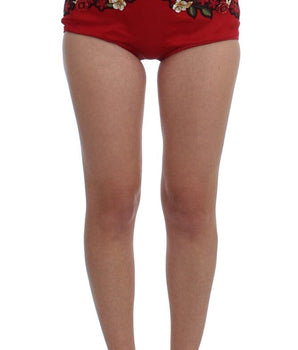 Dolce & Gabbana Red Silk Crystal Roses Shorts Dolce & Gabbana 