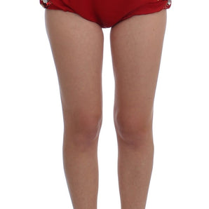 Dolce &amp; Gabbana Red Silk Crystal-Embellished High Waist Shorts