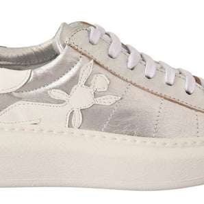 Patrizia Pepe Silver Full Grain Leather Lace Up Sneakers Shoes