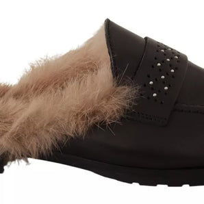 Peserico Black Leather Fur Perforated Slip On Flats Shoes