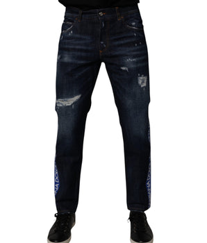 Dolce &amp; Gabbana Dark Blue Cotton Tattered Skinny Denim Jeans