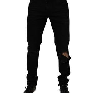 Vaqueros ajustados de algodón negro deshilachados de Dolce &amp; Gabbana para hombre