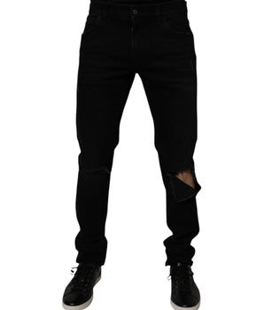 Dolce &amp; Gabbana Black Cotton Tattered Skinny Men Denim Jeans