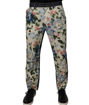 Dolce &amp; Gabbana Beige Blue Floral Cotton Men Denim Jeans