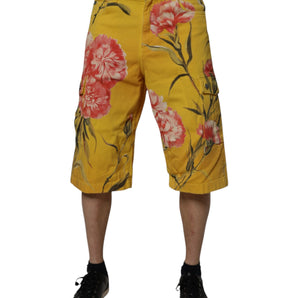 Dolce &amp; Gabbana Yellow Floral Cargo Denim Men Bermuda Shorts