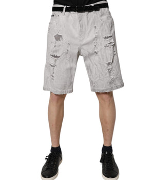 Dolce &amp; Gabbana Light Gray Tattered Men Denim Bermuda Shorts