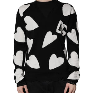 Dolce & Gabbana Black Hearts Silk Crew Neck Pullover Sweater