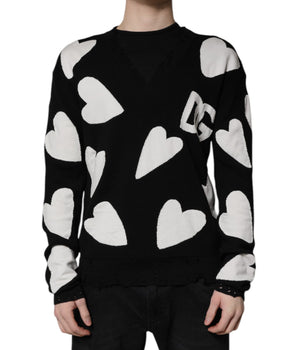 Dolce & Gabbana Black Hearts Silk Crew Neck Pullover Sweater