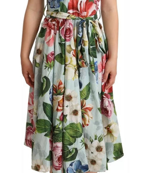 Dolce &amp; Gabbana Green Floral Short Sleeves Cotton V-neck Dress