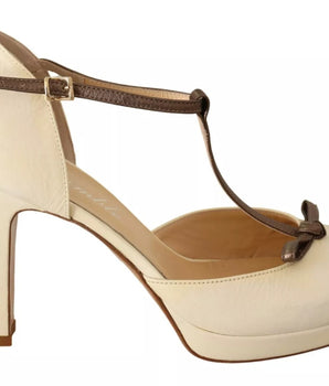 SERGIO LEVANTESI Beige T-Strap Block Heels Pumps Leather Shoes