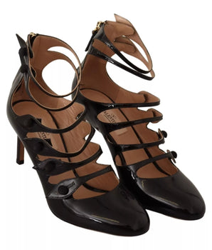 Valentino Black Multi Strap Leather Mid Heels Pumps Shoes