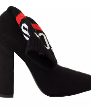 GCDS Black Suede Logo Socks Block Heel Ankle Boots Shoes