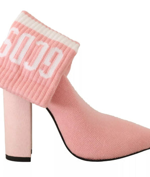 GCDS Pink Suede Logo Socks Block Heel Ankle Boots Shoes