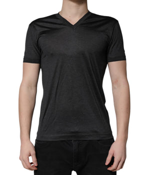 Dolce &amp; Gabbana Dark Gray Silk V-neck Short Sleeves T-shirt