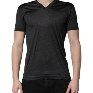 Dolce &amp; Gabbana Dark Gray Silk V-neck Short Sleeves T-shirt