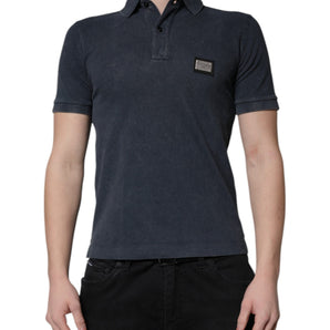Dolce &amp; Gabbana Dark Blue Logo Plaque Cotton Men Polo Shirt T-shirt
