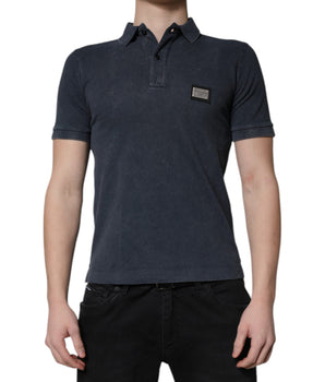 Dolce &amp; Gabbana Dark Blue Logo Plaque Cotton Men Polo Shirt T-shirt