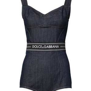 Dolce & Gabbana Blue Cotton Stretch Sleeveless Bodycon Denim Bodysuit