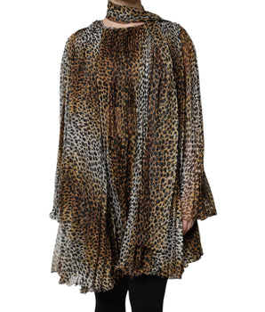 Vestido de gasa con cuello y pañuelo y estampado de leopardo marrón de Dolce &amp; Gabbana