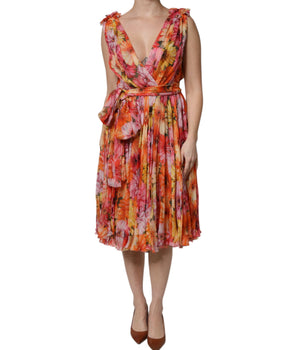 Vestido de gasa con cuello en V y seda floral multicolor de Dolce &amp; Gabbana