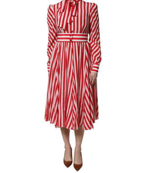 Dolce &amp; Gabbana White Red Stripes Long Sleeves Midi Dress