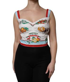 Dolce & Gabbana White Vegetable Print Sweetheart Cropped Top