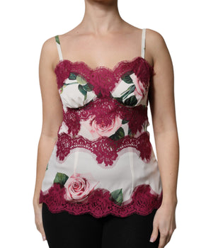 Dolce & Gabbana White Rose Print Satin Lace Tank Top Lingerie