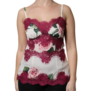 Dolce &amp; Gabbana - Camiseta de tirantes de satén con estampado de rosas blancas y encaje