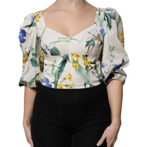 Blusa corta con mangas abullonadas y estampado floral blanco de Dolce &amp; Gabbana