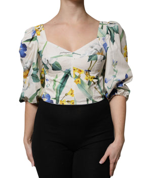 Dolce &amp; Gabbana White Floral Puff Sleeves Crop Blouse Top