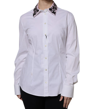 Dolce &amp; Gabbana White Embellished Collared Dress Shirt Top