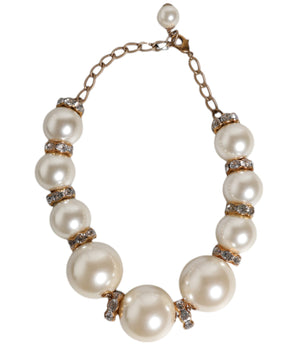 Dolce &amp; Gabbana White Maxi Faux Pearl Beads Crystals Gold Chain Necklace