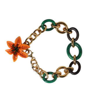 Dolce &amp; Gabbana Multicolor Gold Brass Orange Lily Floral Chain Necklace