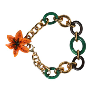 Dolce & Gabbana Multicolor Gold Brass Orange Lily Floral Chain Necklace