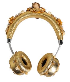 Dolce &amp; Gabbana Auriculares con diseño de ángel y cristales florales de cuero dorado