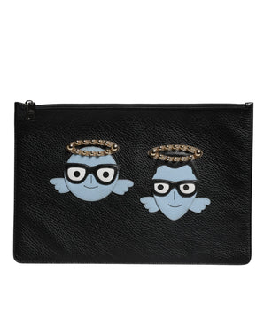 Dolce &amp; Gabbana Black Leather #DGFAMILY Embellished Men Zip Pouch Bag