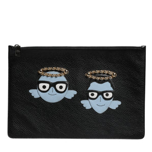 Dolce &amp; Gabbana Black Leather #DGFAMILY Embellished Men Zip Pouch Bag