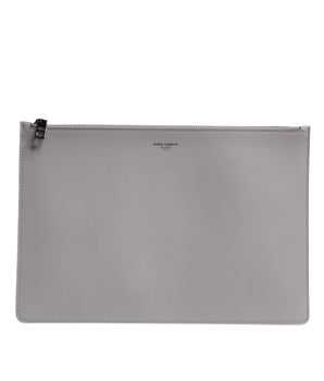 Dolce &amp; Gabbana Gray Solid Leather DG Logo Men Clutch Zip Pouch Bag