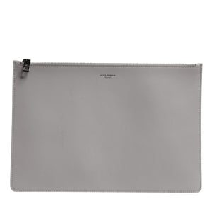 Dolce &amp; Gabbana Gray Solid Leather DG Logo Men Clutch Zip Pouch Bag