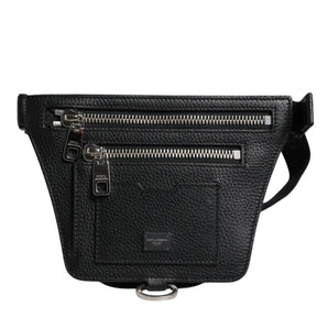 Dolce &amp; Gabbana Black Calfskin Logo Plaque Belt Waist Men Fanny Pack Bag