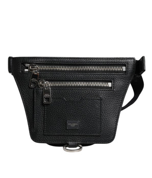 Dolce &amp; Gabbana Black Calfskin Logo Plaque Belt Waist Men Fanny Pack Bag