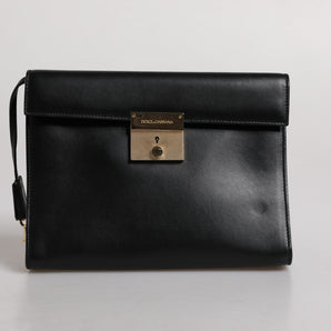 Dolce &amp; Gabbana Black Leather Logo Plaque Document Briefcase Bag