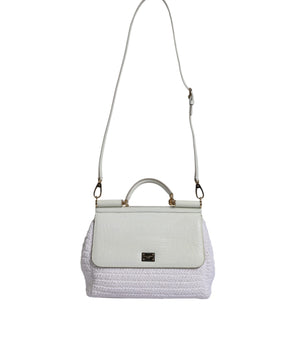 Dolce &amp; Gabbana White Rafia Leather Top Handle Crossbody Bag