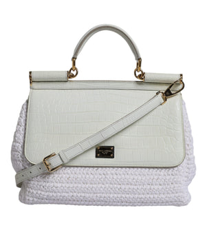 Dolce &amp; Gabbana White Rafia Leather Top Handle Crossbody Bag