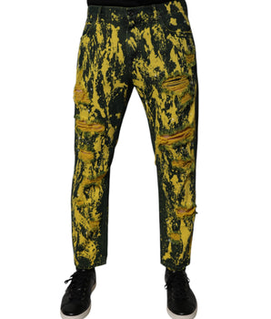 Dolce &amp; Gabbana Black Yellow Tie Dye Tattered Skinny Men Denim Jeans