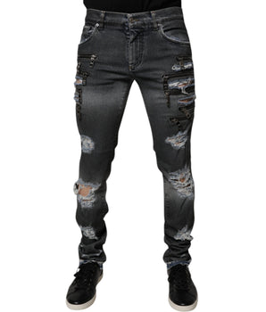 Dolce &amp; Gabbana Dark Gray Tattered Cotton Skinny Denim Jeans