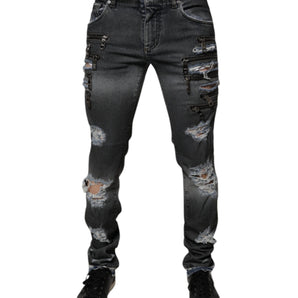 Dolce &amp; Gabbana Vaqueros pitillo de algodón desgastados en gris oscuro