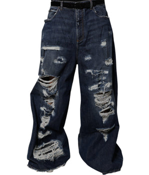 Dolce &amp; Gabbana Dark Blue Tattered Wide Leg Men Denim Jeans