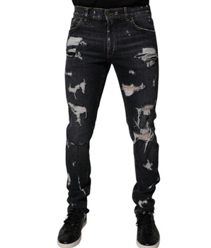 Dolce &amp; Gabbana Black Tattered Cotton Skinny Men Denim Jeans