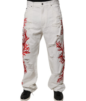 Dolce &amp; Gabbana White Corals Tattered Straight Denim Jeans